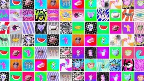 Seamless crazy animation of random printed psychedelic squares with vibrant Stock Footage 109474728