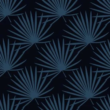 Seamless creative pattern with fan palm elements flat shapes. Navy blue tones 库存插图