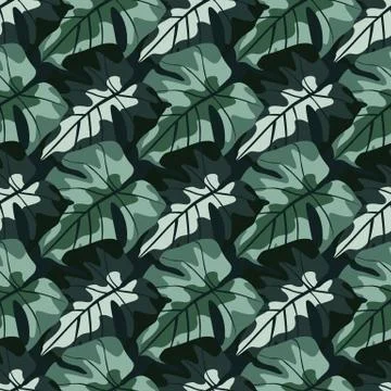 Seamless creative pattern with monstera elements cartoon shapes. Green and bl 库存插图