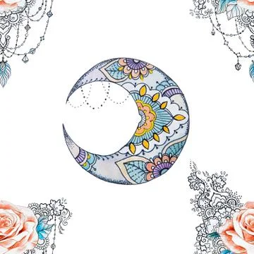 Seamless crescent pattern and branches with roses on a white background. Stock Illustration