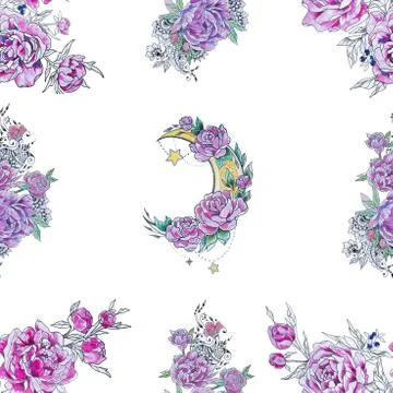 Seamless crescent pattern in flowers and peonies on a white background. Stock Illustration