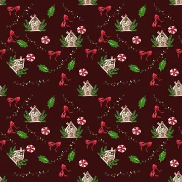 Seamless Cristmas pattern. Watercolor hand drawn illustration. Winter holid.. Stock Illustration