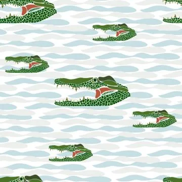 Seamless of crocodile portrait  with light gray and light blue waves Stock Illustration