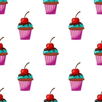 Seamless cupcake pattern with blue cream, chocolate glaze and cherry. vecto.. Stock Illustration