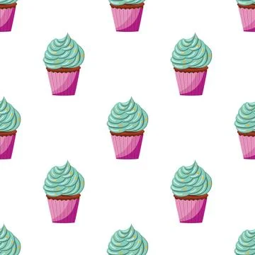 Seamless cupcake pattern with blue cream and sprinkles. vector illustration.. Stock Illustration