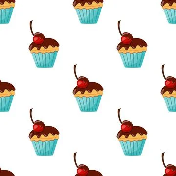 Seamless cupcake pattern with chocolate icing and cherry. vector illustrati.. Stock Illustration