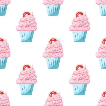 Seamless cupcake pattern with pink cream. vector illustration on a white ba.. Stock Illustration