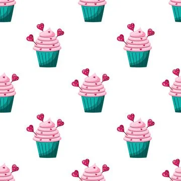 Seamless cupcake pattern with pink cream and heart-shaped candies. vector i.. Stock Illustration