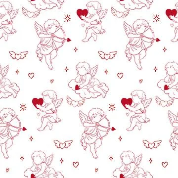 Seamless cupid pattern with hearts in coquette style Stock Illustration