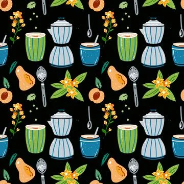 Seamless with cups for tea and coffee, juices. Colored pattern of food and drink Stock Illustration