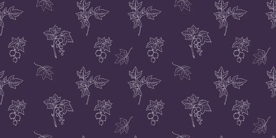 Seamless Currant Pattern. Outline White Line Art Berries on Dark Purple Bac.. Illustrazione stock