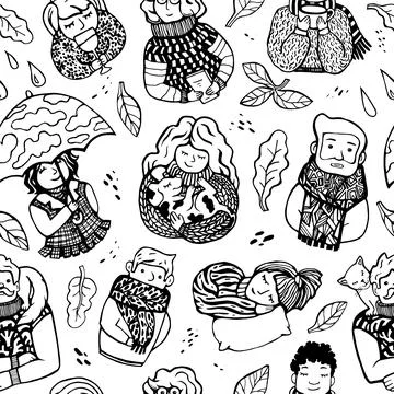 Seamless cute autumn pattern. Different people in warm clothes, under an umbr Stock Illustration