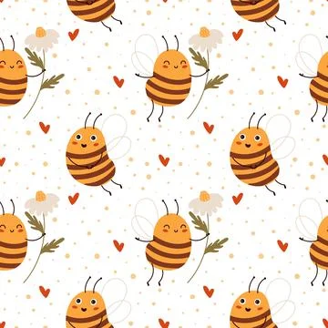 Seamless cute bee. Cartoon background with honeybee characters. Little hives Illustrazione stock