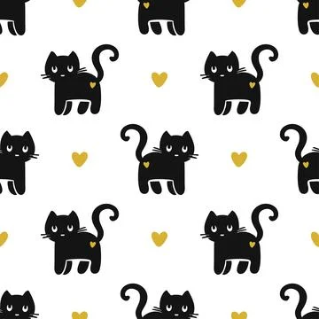 Seamless Cute Black Cat Pattern With Hearts In Minimalist Halloween Vector .. Stock Illustration