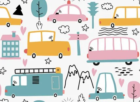 Seamless cute car cartoon pattern. イラスト素材