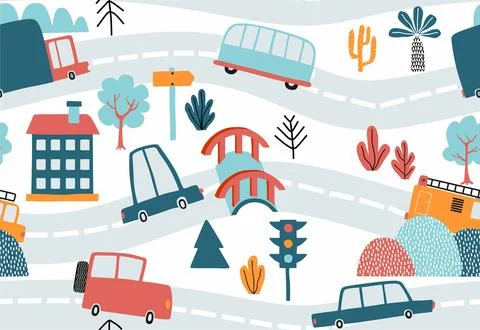 Seamless cute car cartoon pattern. Stock Illustration