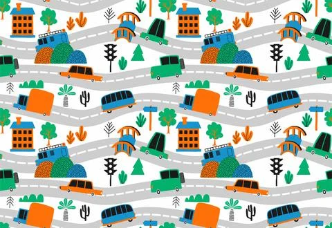 Seamless cute car cartoon pattern. Stock Illustration