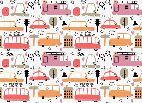 Seamless cute car cartoon pattern. Stock Illustration