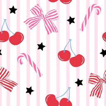 Seamless cute cherry bow and candy cane Stock Illustration