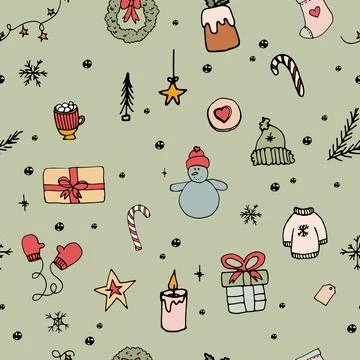 Seamless cute christmas doodle pattern. Stock Illustration
