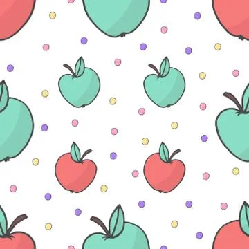 Seamless cute colorful pattern with yellow and red hand drawn apples on white Stock Illustration