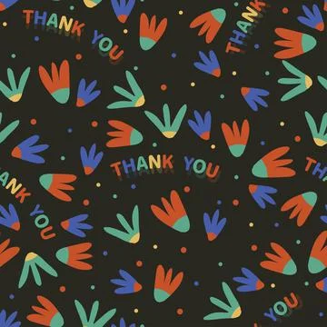 Seamless cute colourful flower pattern on black background with thank you wor Stock Illustration