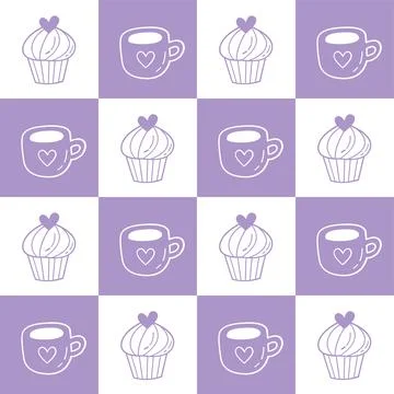 Seamless Cute Doodle Pattern with Cupcakes and Heart Cups in Pastel Style Illustrazione stock