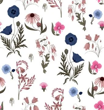 Seamless cute floral pattern. Blue and Pink flowers. Flower pattern on white bac Stock Illustration