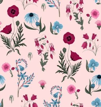 Seamless cute floral pattern. Blue and Pink flowers. Flower pattern on pink back Stock Illustration