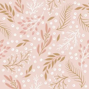 Seamless cute floral vector pattern with plant and flowers. Flower background. Stock Illustration