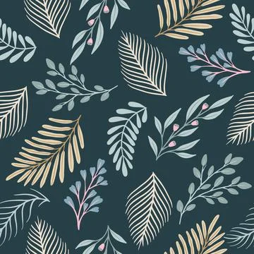 Seamless cute floral vector pattern with plant and flowers. Flower background. Stock Illustration