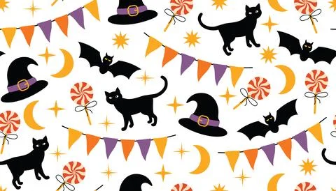 Seamless cute Halloween pattern with lollipop, witch hat, black cat, buntin.. 스톡 일러스트