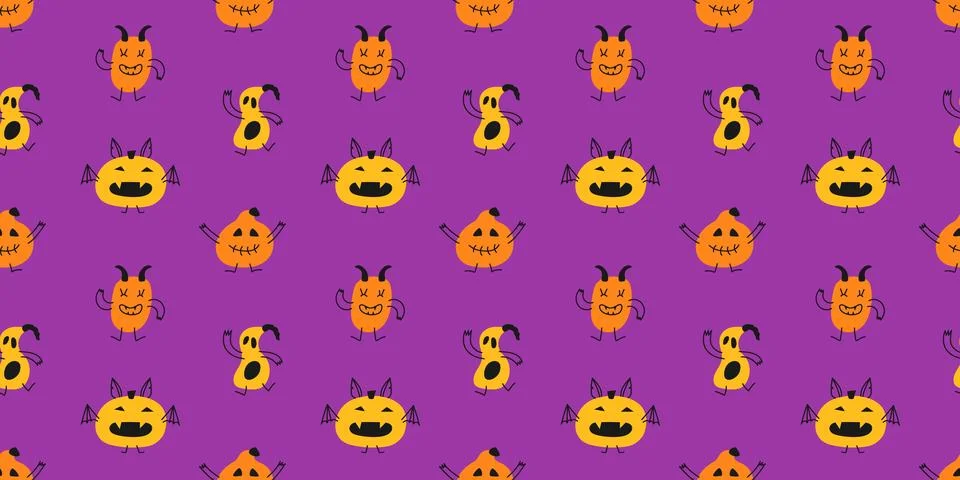 Seamless cute Halloween pattern of pumpkins bat. Flat vector illustration. .. Stock Illustration
