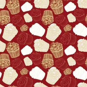 Seamless, cute, linear patterns and hatched cupcake illustrations on a burgun Stock Illustration