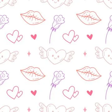 Seamless Cute Love Doodle Pattern with Winged Hearts, Roses and Lips Stock Illustration