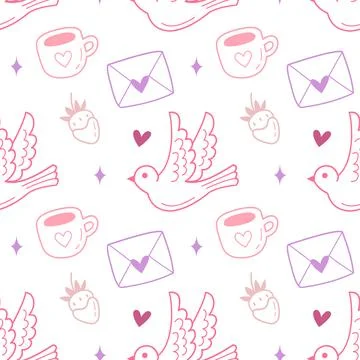 Seamless Cute Love Doodle Pattern with Birds, Cups, Strawberries and Letters Stock Illustration