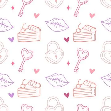 Seamless Cute Love Doodle Pattern with Locks, Keys, Lips and Cake Icons Stock Illustration
