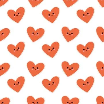 Seamless Cute Orange Heart Pattern with Smiling Faces in Kawaii Style Stock Illustration
