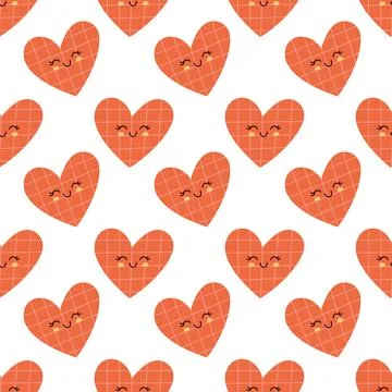 Seamless Cute Orange Heart Pattern with Smiling Faces in Kawaii Style Stock Illustration