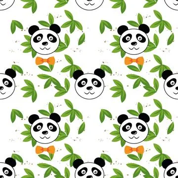 Seamless Cute panda face wearing bow tie with green bamboo leaves Stock Illustration