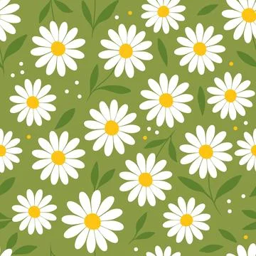 Seamless cute pattern with daisy flower on green background vector. Illustrazione stock