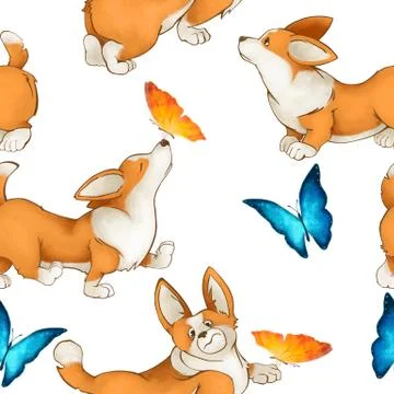 Seamless cute pattern with dogs of breed corgi and butterflies. Summer mood with Stock Illustration
