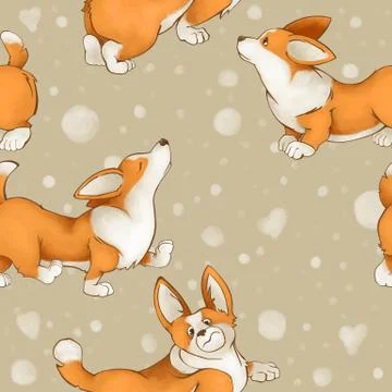 Seamless cute pattern with dogs of breed corgi. Summer mood with puppies on a Stock Illustration