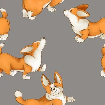 Seamless cute pattern with dogs of breed corgi. Summer mood with puppies on a Stock Illustration