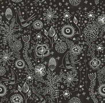 Seamless cute pattern with flowers and swallows. Stock Illustration