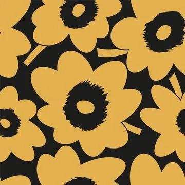 Seamless cute pattern of large yellow flowers on black background Stock Illustration