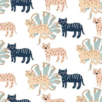 Seamless cute pattern with leopard and palm leafs. Modern wrapping paper summer Stock Illustration