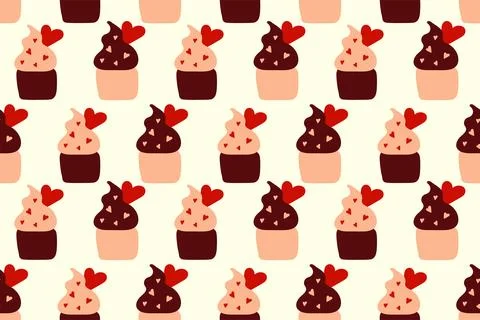 Seamless cute pattern with love cupcakes and hearts Stock Illustration