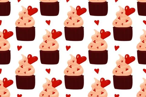 Seamless cute pattern with love cupcakes and hearts Stock Illustration