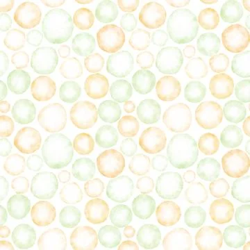 Seamless cute pattern with orange and green watercolor circles on a white bac Stock Illustration